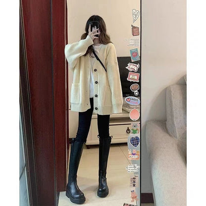 Autumn Winter Women’s Cardigan Sweater Coat – Fashion Long Sleeve V-Neck, Loose Fit Knitted Jacket, Casual Sweater Cardigan