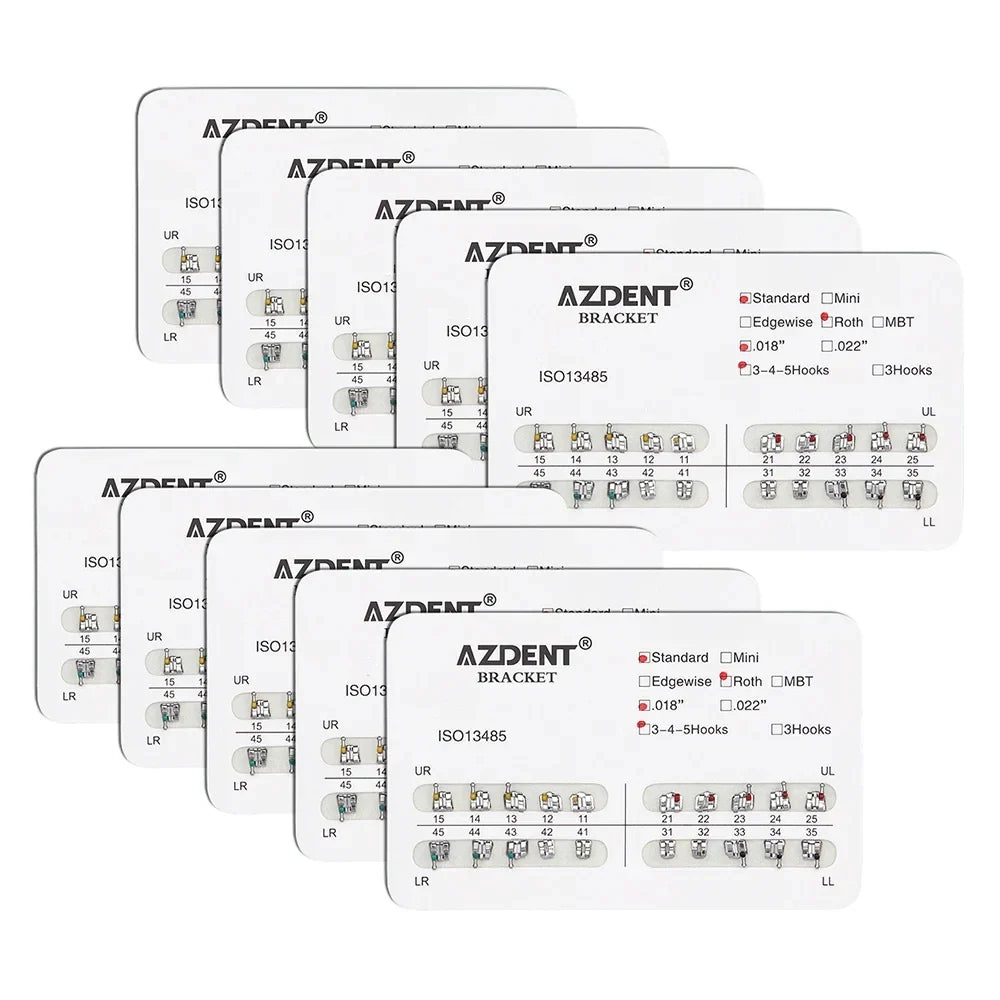 AZDENT 10 Packs Dental Brackets – Orthodontic Metal Mini Standard Roth MBT Slot 0.022/0.018 with Hooks, 20 Pcs per Pack