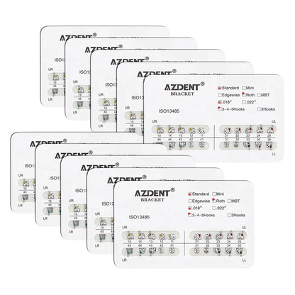 AZDENT 10 Packs Dental Brackets – Orthodontic Metal Mini Standard Roth MBT Slot 0.022/0.018 with Hooks, 20 Pcs per Pack