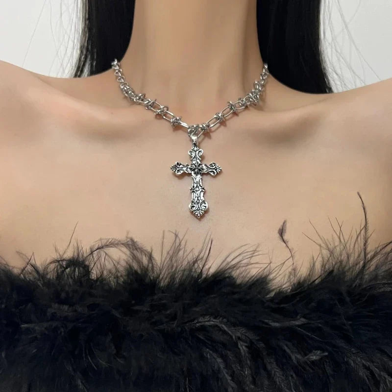 Vintage Cross Pendant Necklace – Kpop Punk Long Chain Retro Jewelry for Women, Korean Fashion Gift
