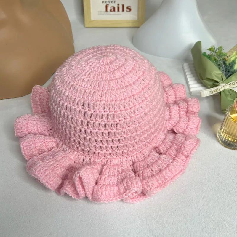 Handmade Crochet Conical Bucket Hat – Ruffled Brim Fisherman Hat for Women, Stylish Sun Protection Cap