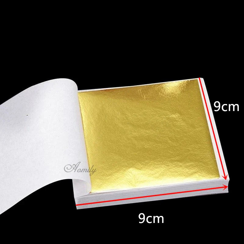 100 Sheets Aomily 9x9cm Pure Shiny Gold Leaf - Ideal for Gilding Furniture, Walls, Crafts, Handicrafts - Gilding Decoration