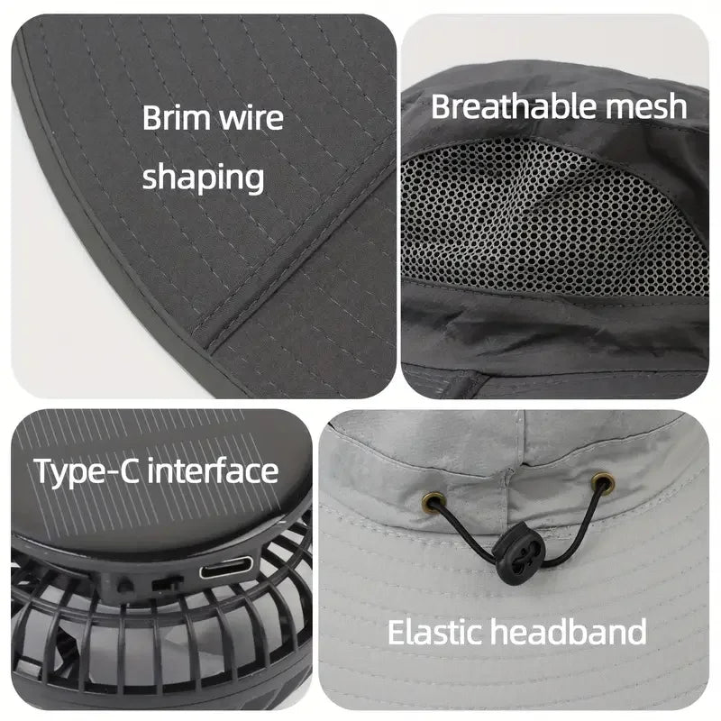 Men’s Quick-Dry Bucket Hat – Large Sun Hat with USB Rechargeable Solar Fan for Hiking, Camping & Fishing