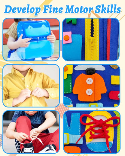 Toddler Montessori Busy Board – Dinosaur Dress-Up, Learning & Sensory Activities, Travel Toy & Life Skills Backpack