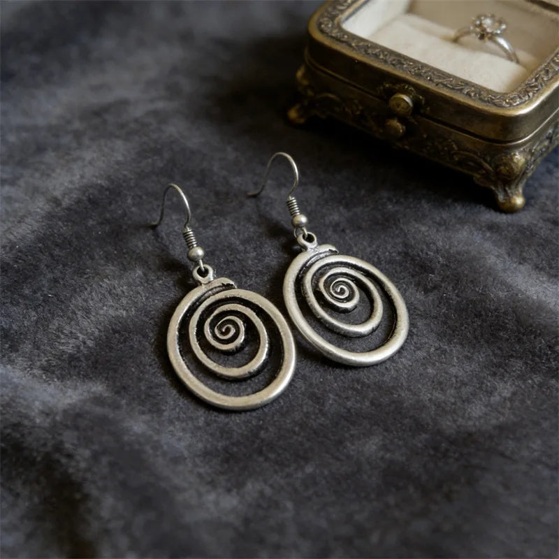 Ethnic Silver Round Spiral Dangle Earrings – Retro Geometric Metal Jewelry for Women Accessories