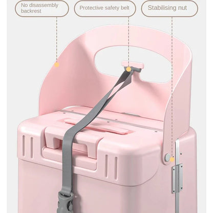 2025 Kids Suitcase with Seat & Charging Port – Baby Boarding Trolley Luggage with Safety Belts & Side Opening, 20/22/24 inch