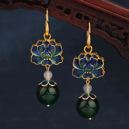 Vintage Flower Drop Earrings - Natural Stone Ethnic Jewelry for Women