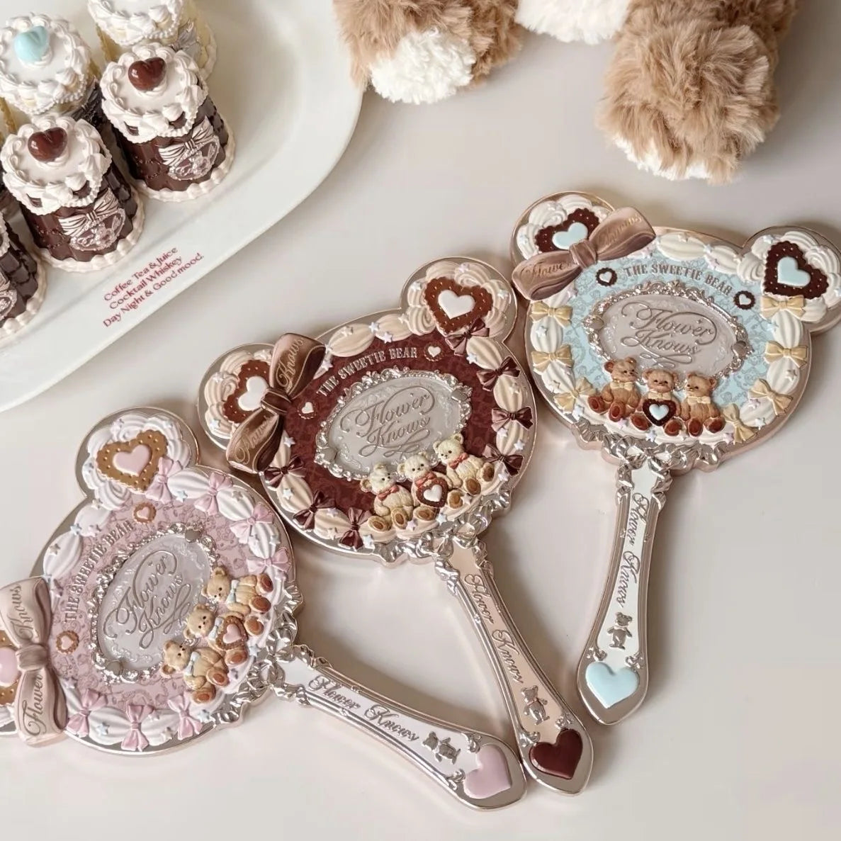 Flower Knows Sweetie Bear Handheld Mirror – 3 Styles, Exquisite Relief Design, Cute HD Makeup Tool