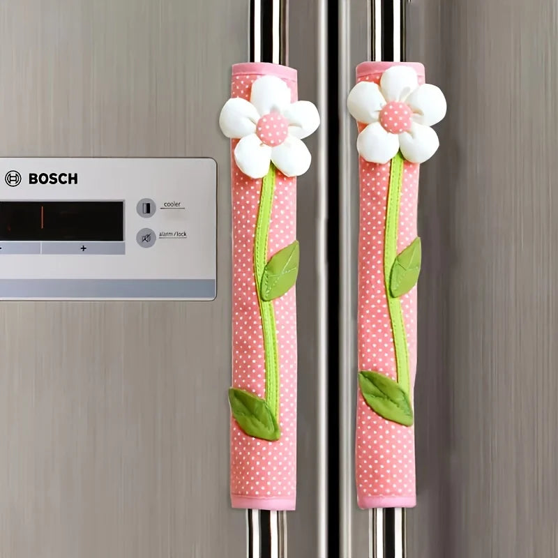 2PCS Handmade Flower Refrigerator Handle Covers – DIY Protective Dust Cover for Fridge & Oven Doors