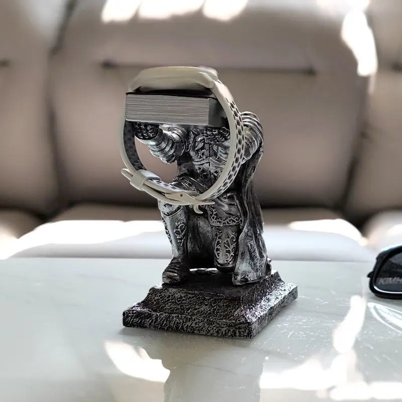 Apple Watch Charging Dock Stand – Cartoon Desktop Smartwatch Holder with Black Warrior Figurine Support