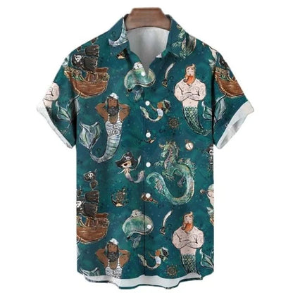 Men's Retro Mermaid Hawaiian Shirt - 3D Print Casual Short Sleeve Button-Up Summer Shirt