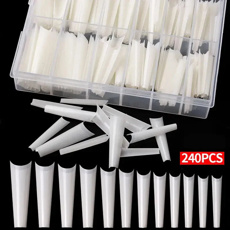 240 Clear Nail Tips – Coffin Shape Fake Toenail and Acrylic Nails, Half Cover Artificial Nail Set with Storage Box