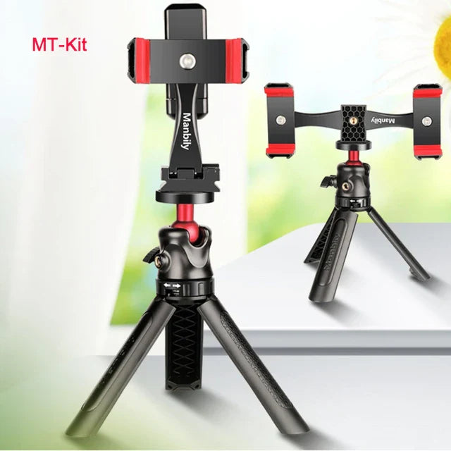 360° Rotatable Dual Phone Holder – Clip Clamp with 4 Cold Shoes & 1/4” Screw for Tripod, Selfie Stick, Vlog & Live Streaming