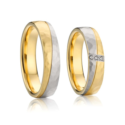 Hammered Couple Wedding Rings - 14K Gold-Plated Titanium Rings for Men & Women