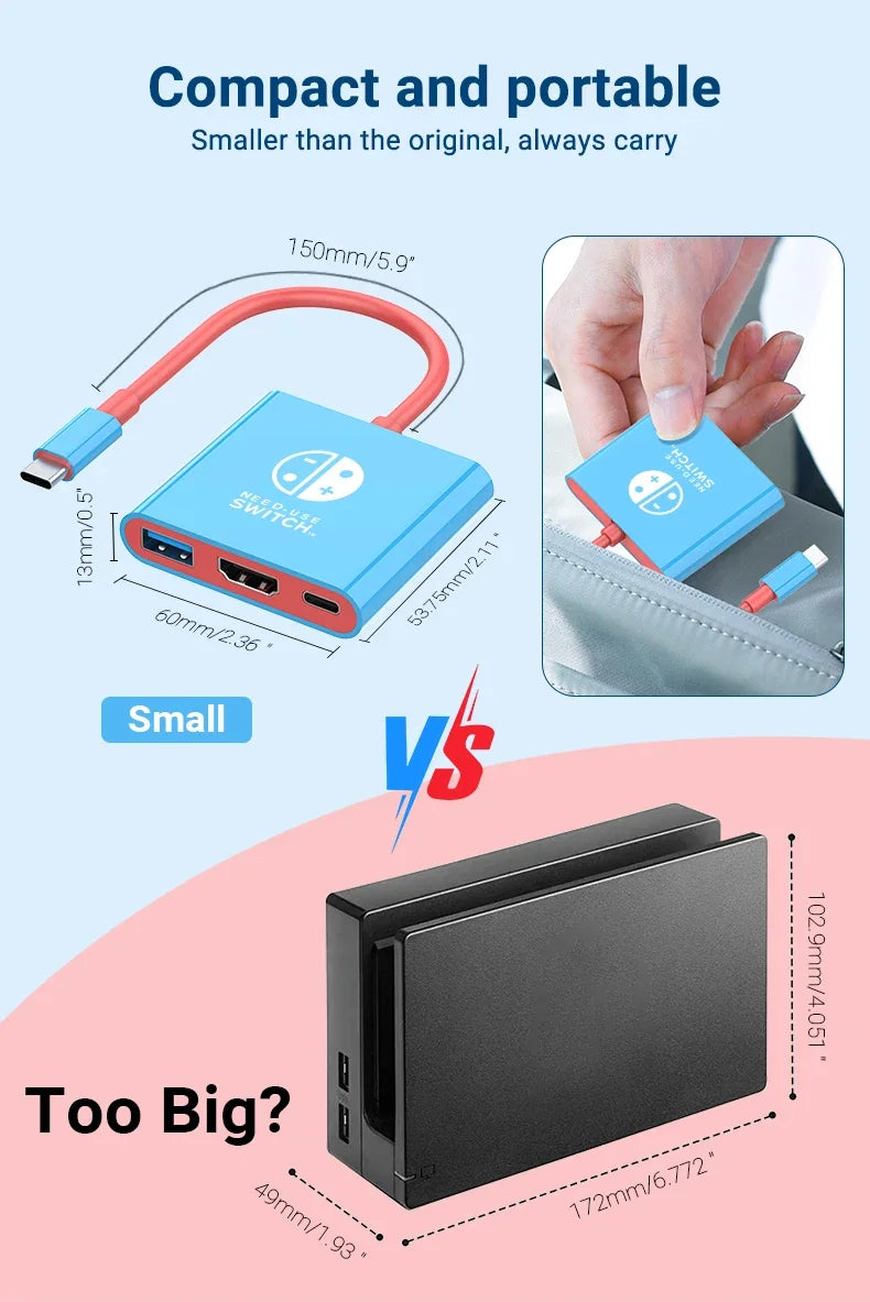 Switch Portable Type-C Docking Station – HDMI & USB 3.0 Hub, Compact Travel & Gaming Adapter