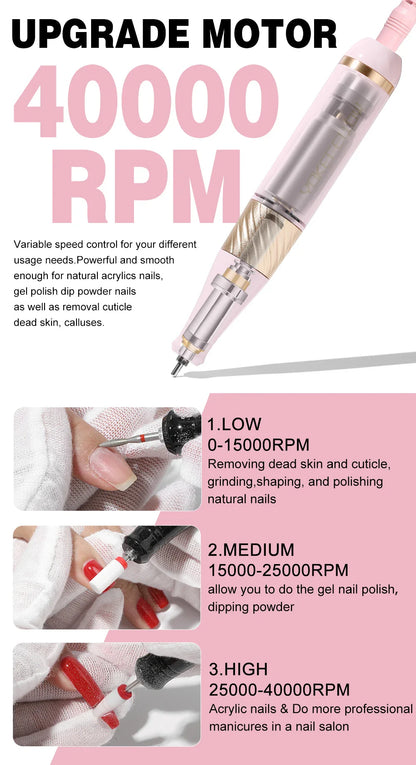 YOKEFELLOW Professional Nail Drill – 40000RPM Rechargeable Electric Nail E-File, Cordless for Acrylic & Gel Nails