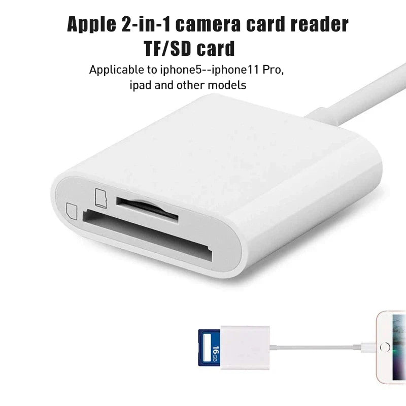 2-in-1 SD TF Memory Card Adapter for iPhone - 8Pin to SD TF Card Reader Data Converter - Compatible with iOS 13 and Above