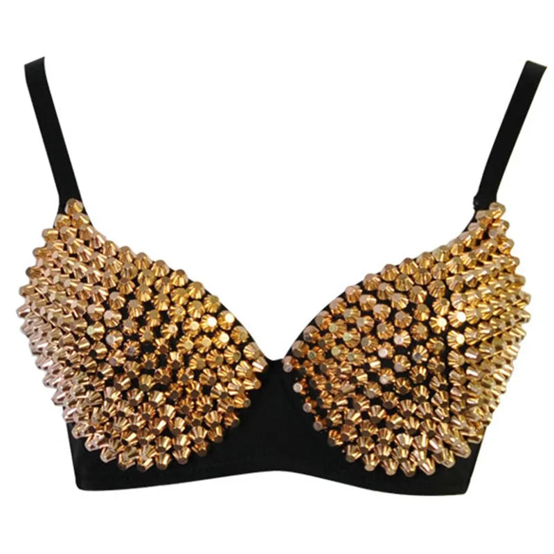Silver Rivets Punk Rave Bralette – Gothic Push-Up Lingerie Bra Top for Nightclub & Party