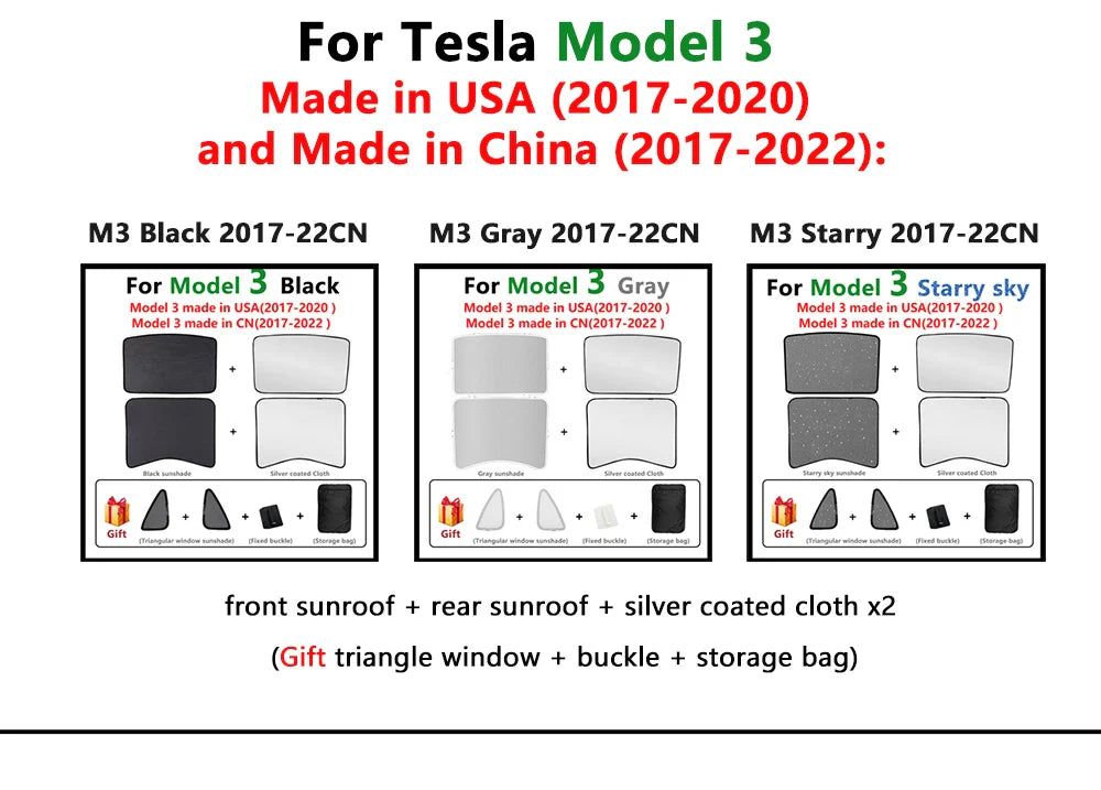 Split Sunshade for Tesla Model 3 (2017-2023) & Model Y – Front & Rear Sunroof Windshield Skylight Glass Roof Cooling Shade