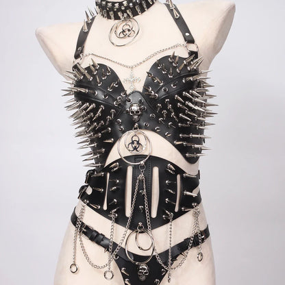Y2K Gothic Punk Halter Top - Spiked Studded Chain Grunge Emo Rave Festival Style