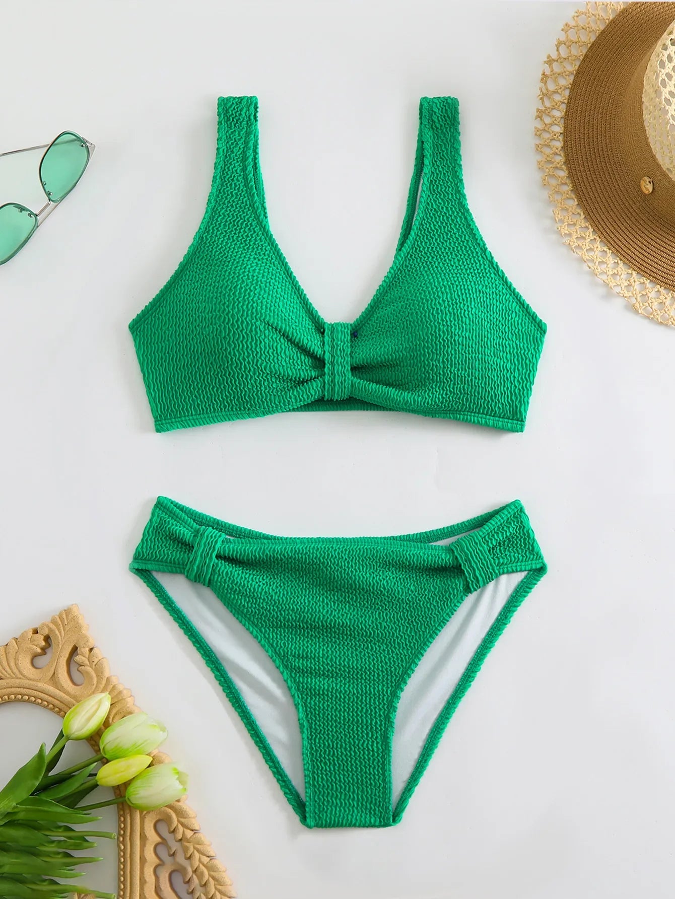 2025 Summer Women's Two-Piece Swimsuit – Solid High Waist V-Neck Backless Bikini Set Beachwear