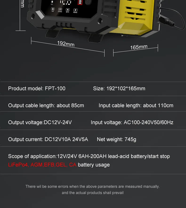 12V/24V Fully Automatic Smart Battery Charger — 7-Segment Pulse Repair for AGM, GEL, WET Lead-Acid Car Batteries