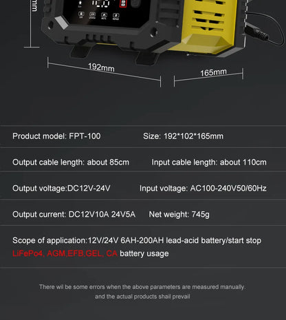 12V/24V Fully Automatic Smart Battery Charger — 7-Segment Pulse Repair for AGM, GEL, WET Lead-Acid Car Batteries