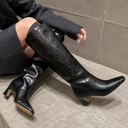 Women’s Genuine Leather Knee-High Boots – 5.5cm Thin Heel, Square Toe Slip-On Autumn Long Boots