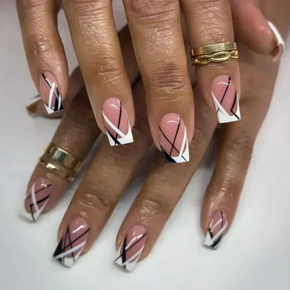 24PCS Short Square Coffin False Nails – French Glitter Acrylic Press-On Nail Tips with Glue, Wearable Fake Nails Set