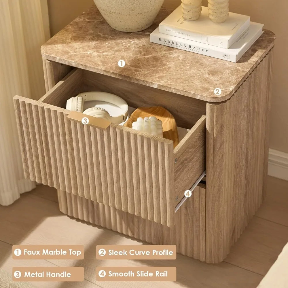 Fluted Nightstand Set of 2 – Solid Wood Bedside Tables with 2 Drawers, Faux Marble Top, Curved Corners & Metal Handles