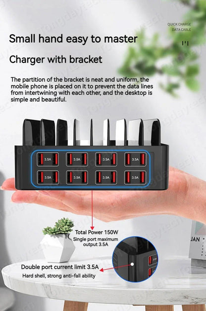 150W Universal Multi USB Fast Charger – 16-Port 3.5A Max Charging Station Stand for iPad, iPhone 14/13, Samsung S22, Xiaomi Tablet