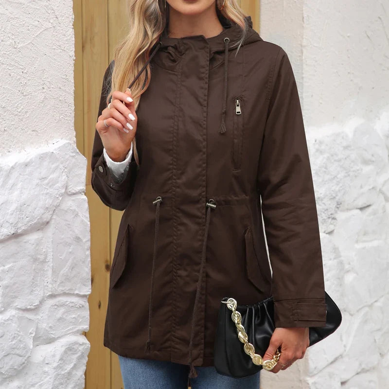 Women’s Hooded Trench Coat - Fitted Solid Color Jacket for Spring, Autumn & Outdoor Wear