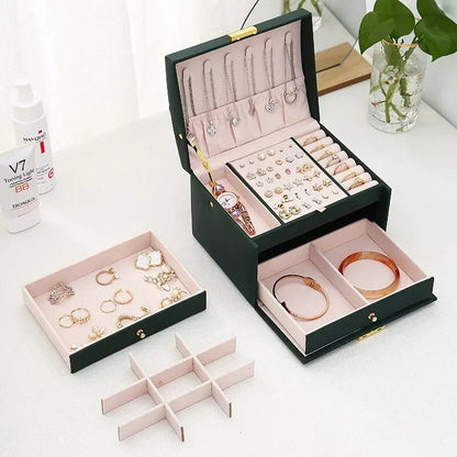Multi-Functional Three-Layer Leather Jewelry Box – Drawer Style Organizer with Lock for Earrings