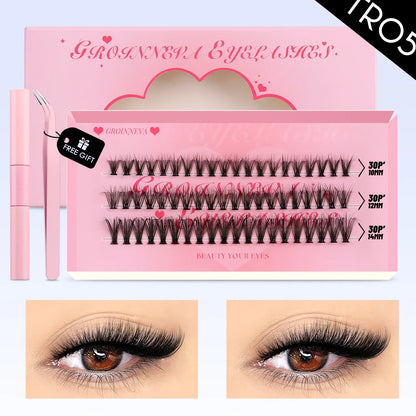 GROINNEYA DIY Mixed Lash Clusters Set – Fluffy Individual Lash Extensions Kit with Bond & Seal for At-Home Makeup
