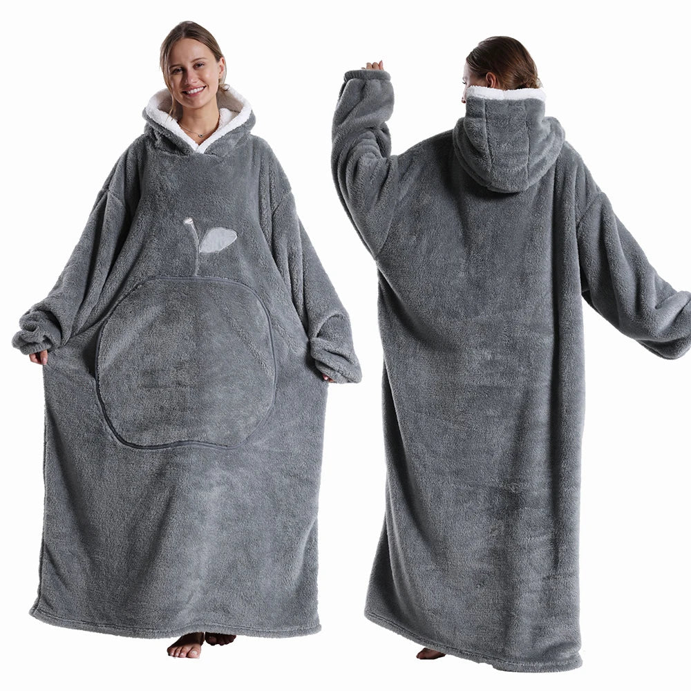 Extra Long Wearable Blanket - Winter Flannel Hooded Blanket with Full Sleeves, Cozy Soft Throw for Men and Women