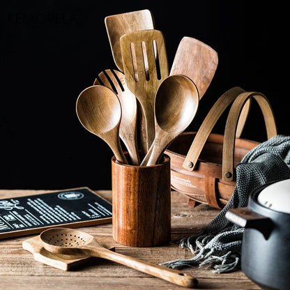 4/7/9PCS Teak Wooden Cooking Spoons Set – Kitchen Utensils with Holder