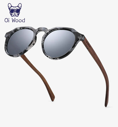 Oi Wood Round Sunglasses — Walnut Wood Frames with Red Lens & Tortoise Shell Design for Men & Women