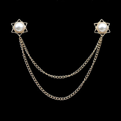 Fashion Gentleman Tassel Brooch – Men’s Suit & Shirt Lapel Pin with Chain, Pearl & Star for Wedding or Party