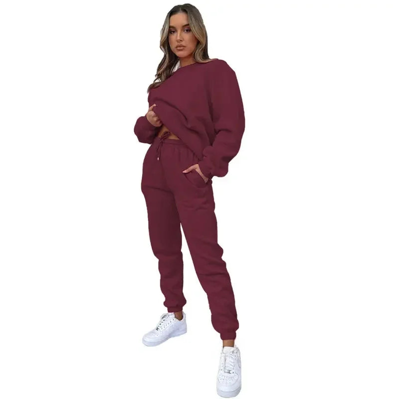 Women’s Casual Long Sleeve Sweatshirt & Pants Set – Solid Color Pullover Trousers, Round Neck Autumn Winter Outfit