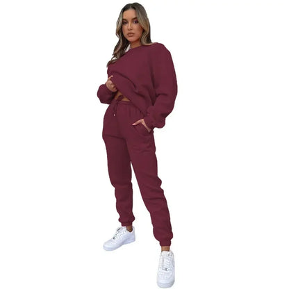 Women’s Casual Long Sleeve Sweatshirt & Pants Set – Solid Color Pullover Trousers, Round Neck Autumn Winter Outfit