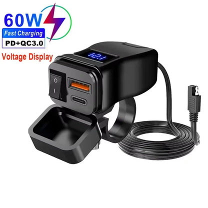 PD QC3.0 Motorcycle USB Fast Charger 60W – Dual USB Handlebar Socket with Switch & Voltmeter Waterproof 12V Power Adapter