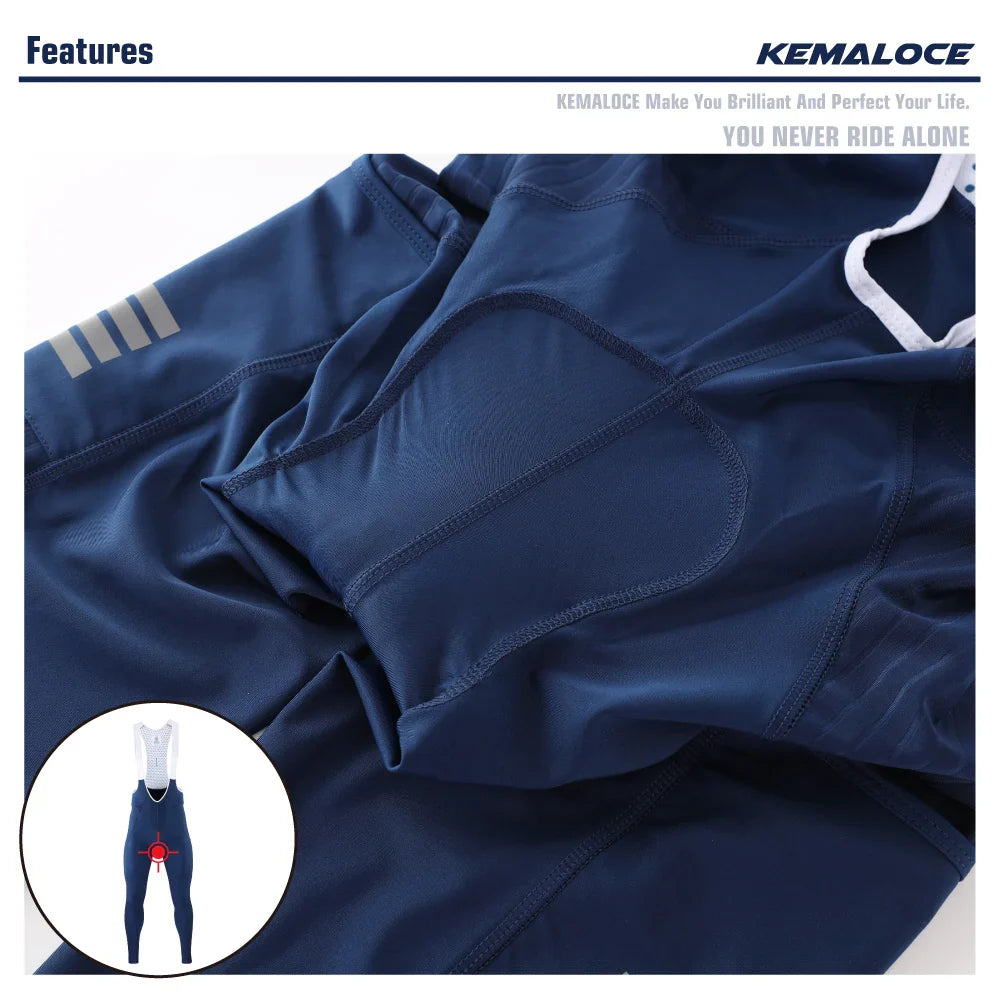KEMALOCE Men's Cycling Long Pants, Autumn Blue & Grey, Gel Pad, Reflective Bike Bib, Breathable Bicycle Trousers with Rear Pocket