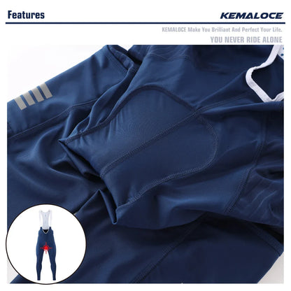 KEMALOCE Men's Cycling Long Pants, Autumn Blue & Grey, Gel Pad, Reflective Bike Bib, Breathable Bicycle Trousers with Rear Pocket