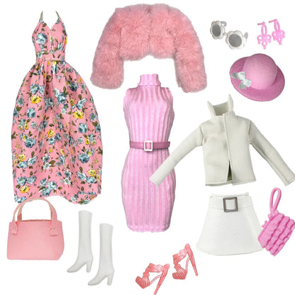 Elegant 1/6 Doll Outfit – Pink Houndstooth Dress, Hat, Gold Belt, Handbag & Shoes Set