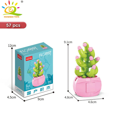 HUIQIBAO MOC Flower & Succulent Potted Building Block Set – DIY Eternal Bouquet, Home Desk Plant Decor, Girls & Kids Toy Gift