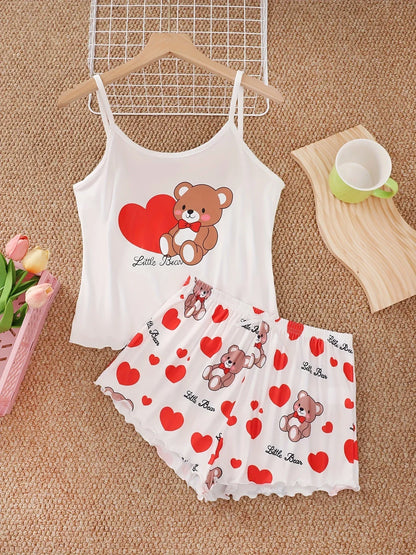 Women’s Love Bear Pajama Set - Cute Crop Top & Shorts Summer Loungewear Sleepwear Home Wear