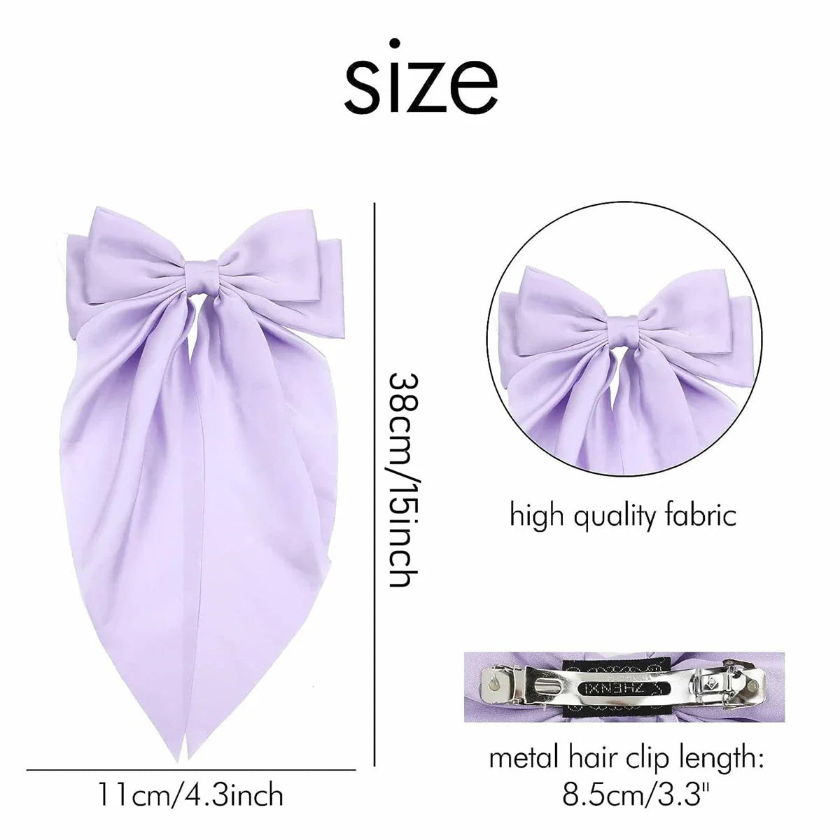 8 Ladies Satin Ribbon Bow Hair Clips – Oversized White, Pink, Red, Blue, Black Long Tail, Spring Clip for Ponytail Hair Accessories