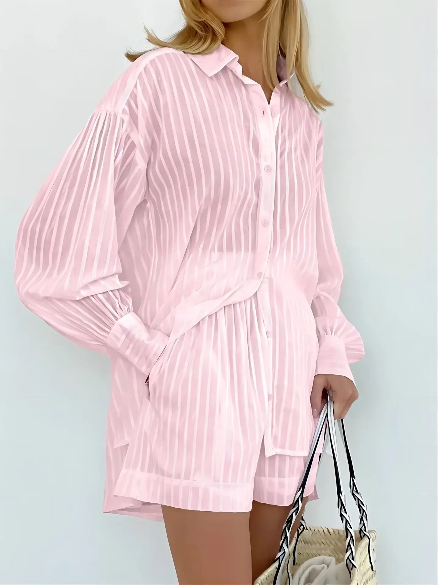 2024 Women’s Two-Piece Set – Solid Cotton Stripe Long Sleeve Shirt & Shorts, Spring/Summer Casual Outfit