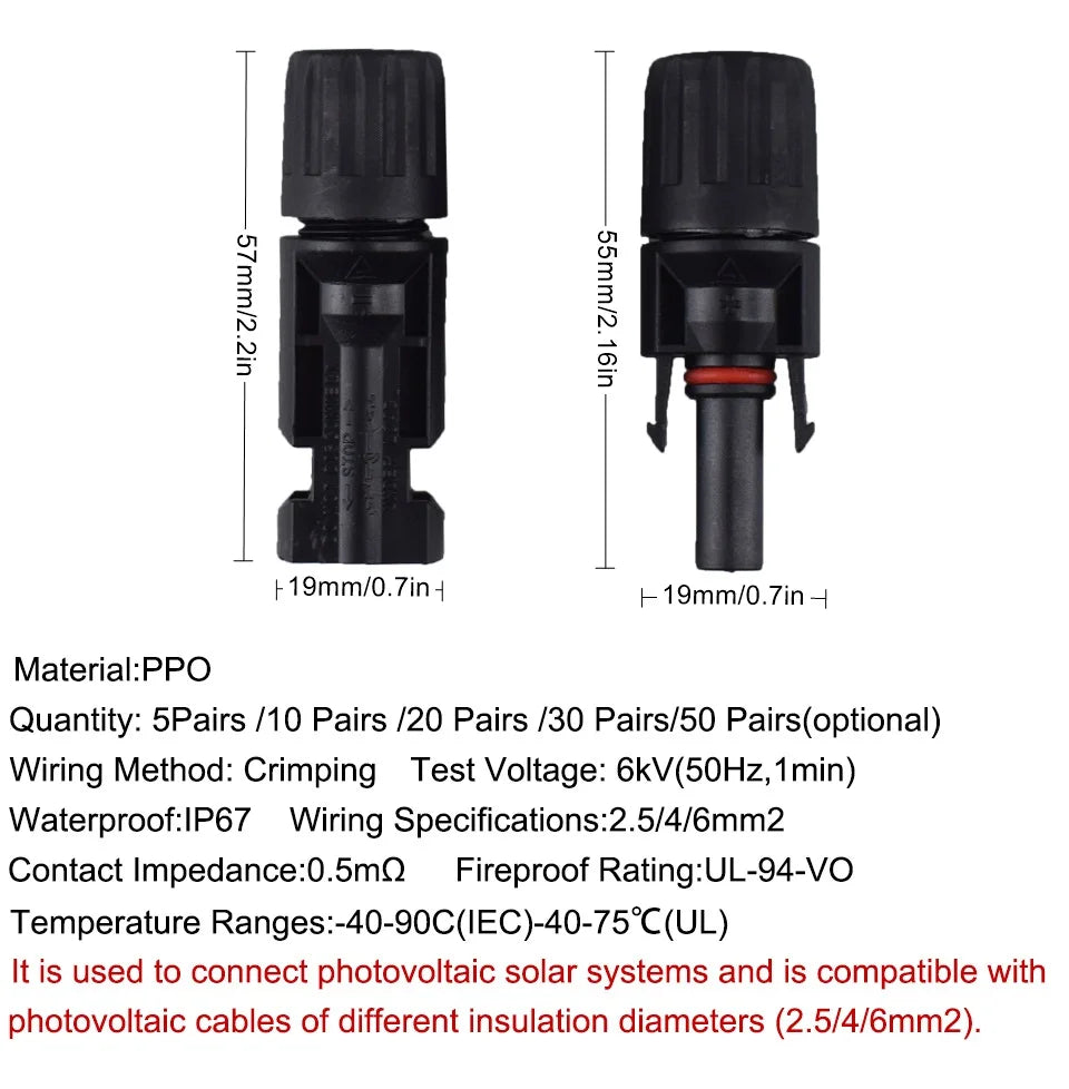 DC Solar Connector Kit 1000V 30A – IP67 Waterproof PV/MC Cable Connectors (5–200 Pcs, 2.5/4/6mm²)