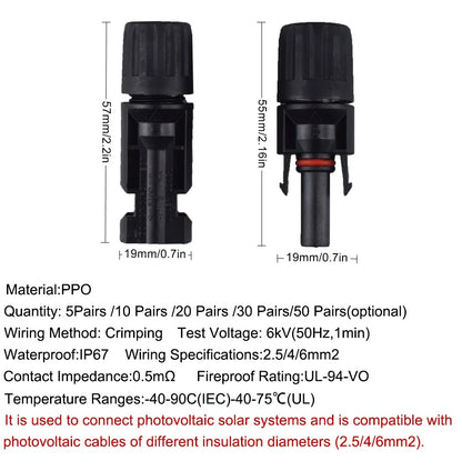 DC Solar Connector Kit 1000V 30A – IP67 Waterproof PV/MC Cable Connectors (5–200 Pcs, 2.5/4/6mm²)